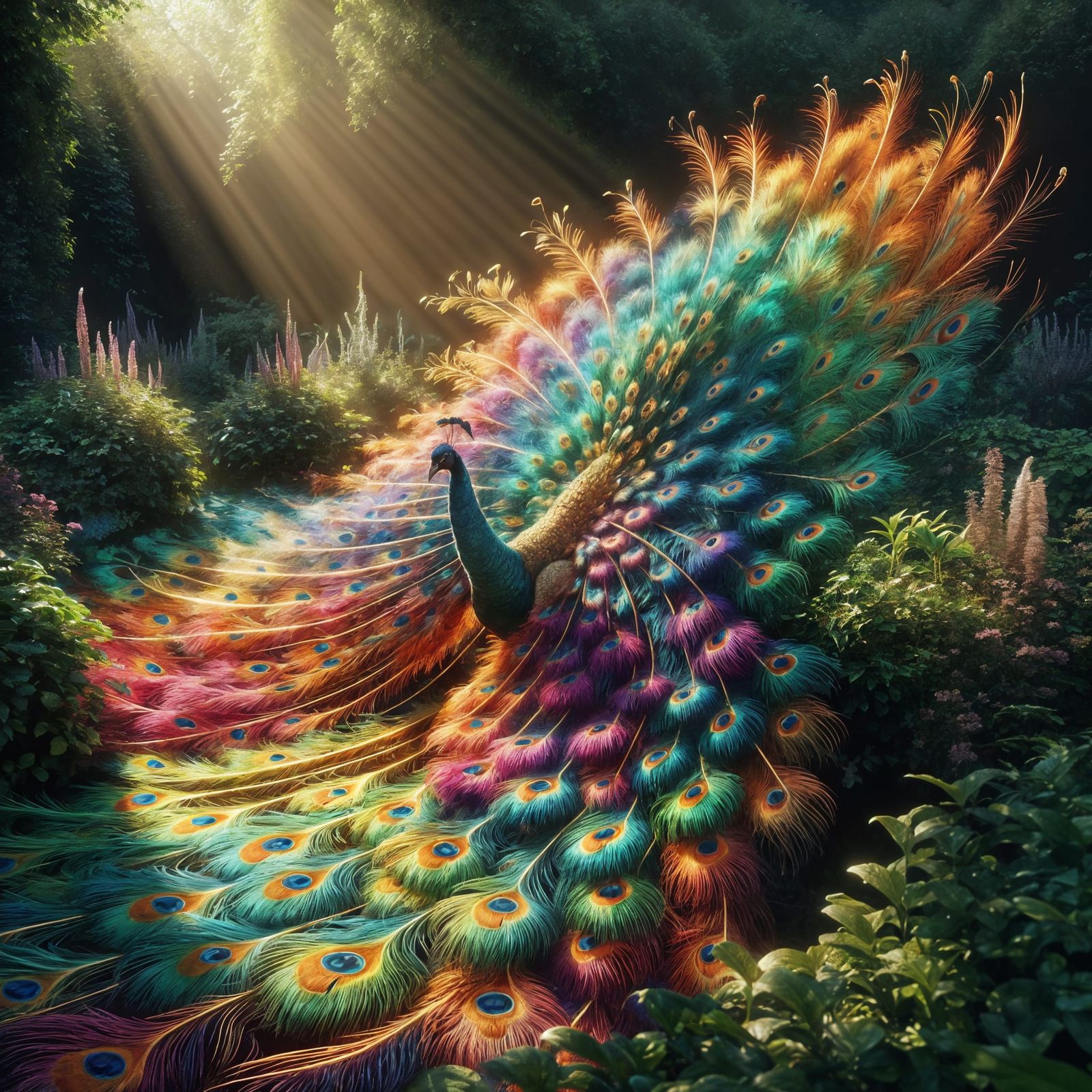 Vibrant Peacock Showcases Luxurious Plumage in Hyperrealisti...