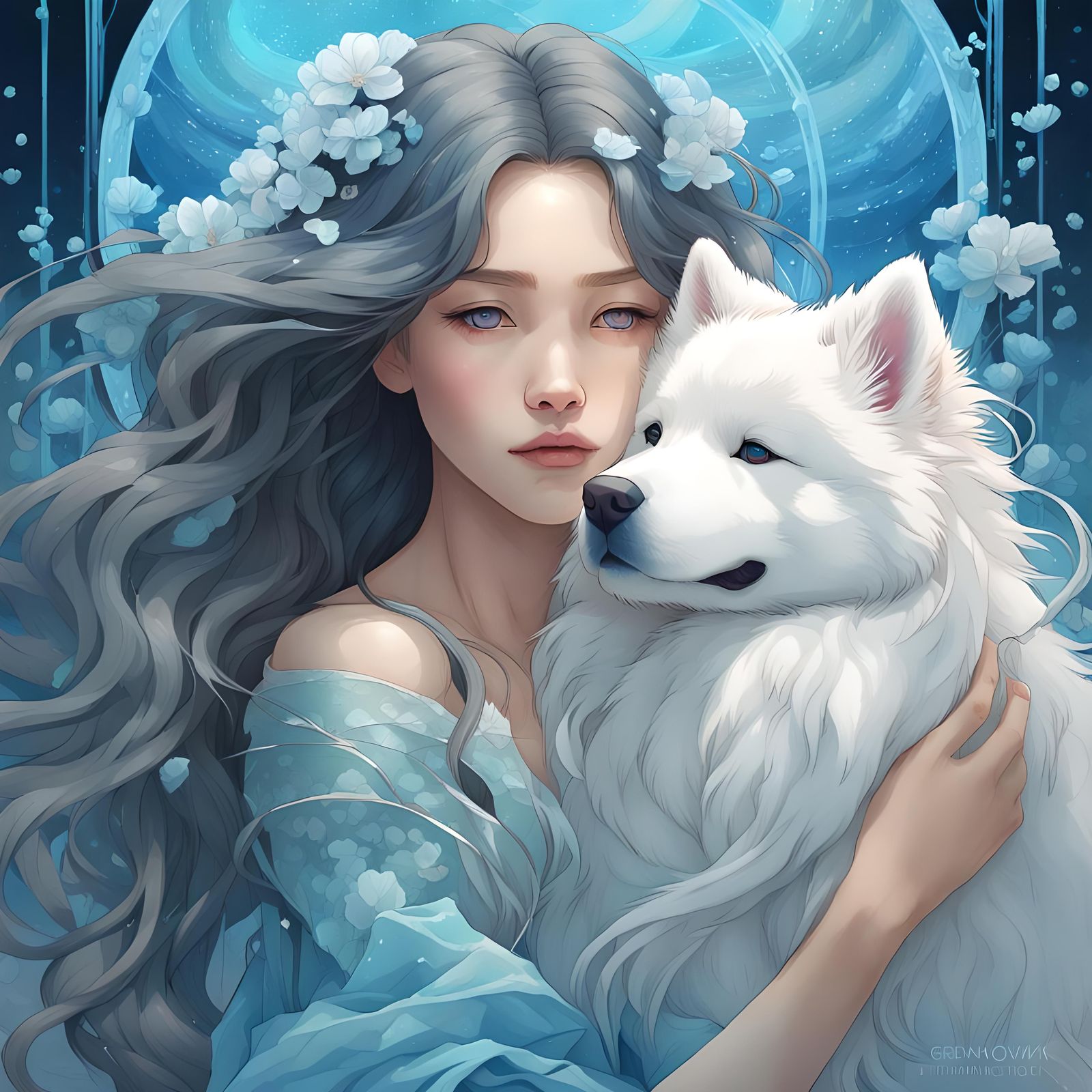 Sensual Woman with Samoyed Puppy in Alcohol Ink Style