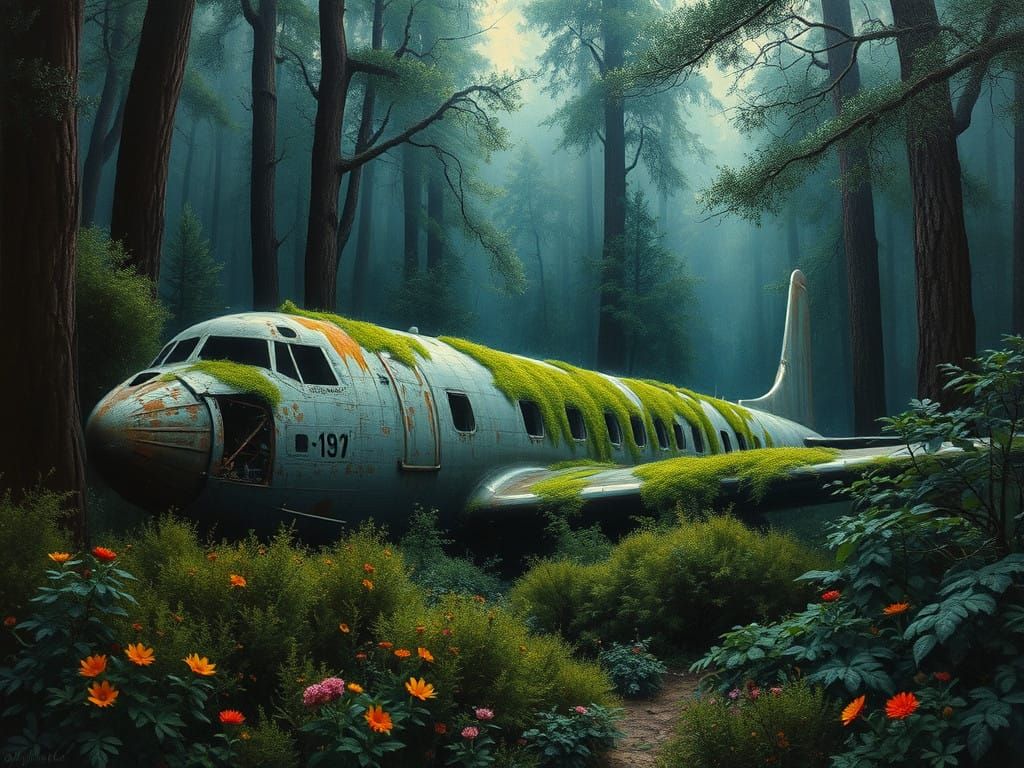 Mysterious Van Gogh-Inspired Forest Scene with Wrecked Plane