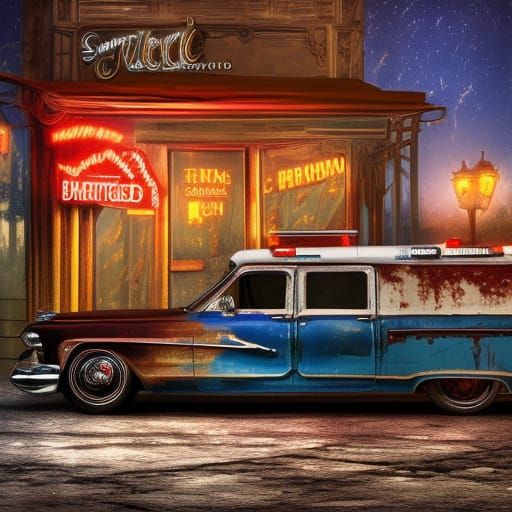 Abandoned Retro Cafe at Night with Ambulance