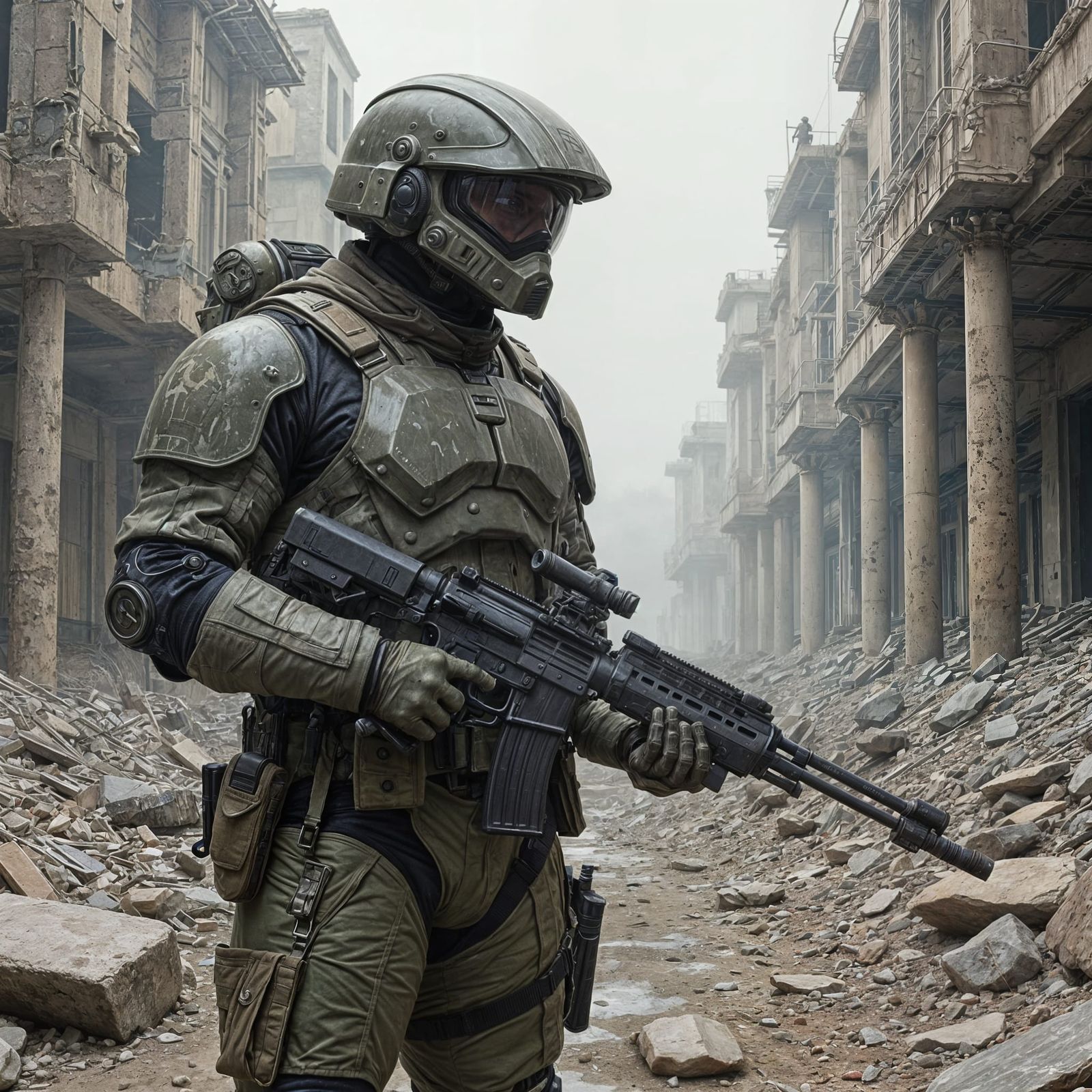 Sci-Fi Soldier Amidst Alien City Ruins