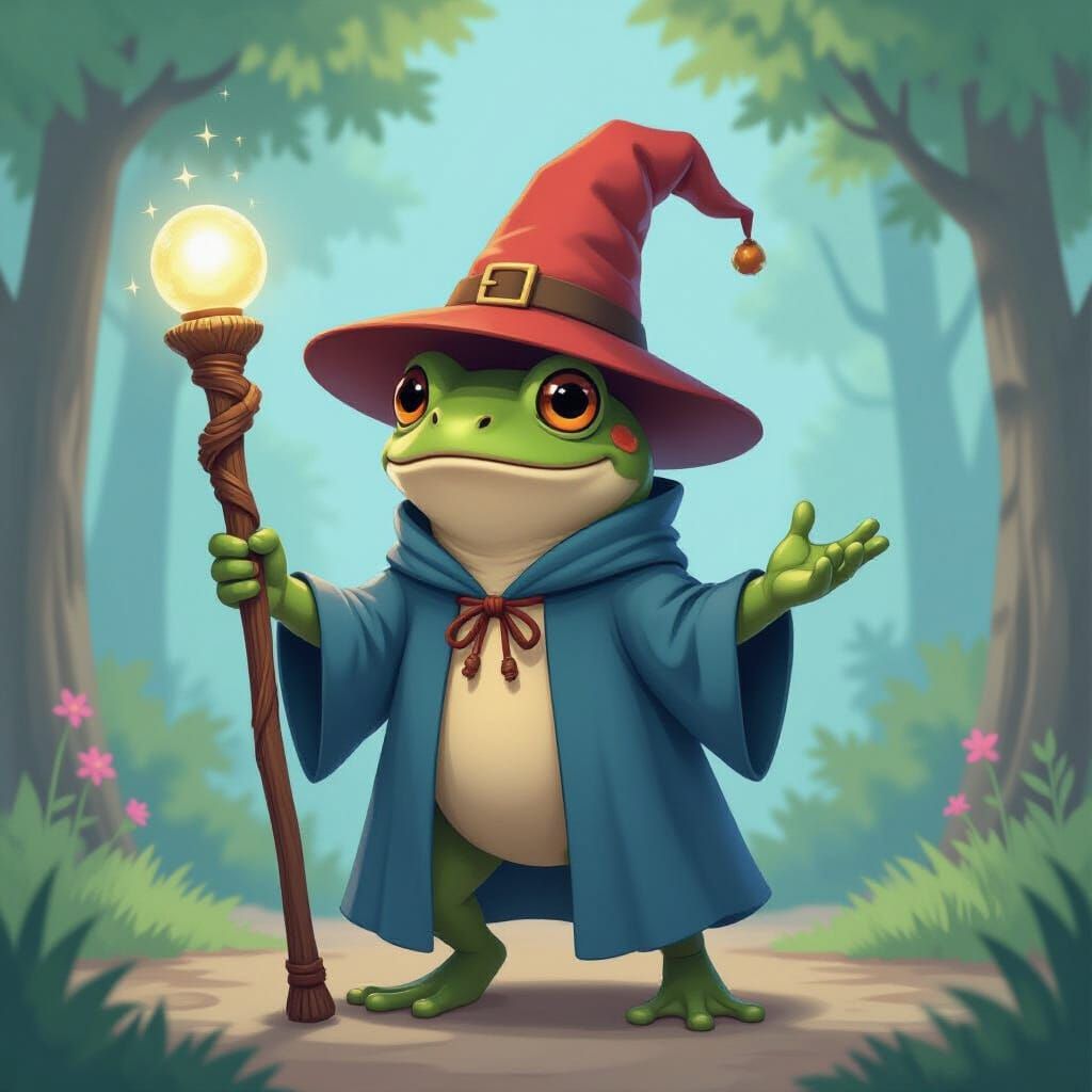 Frog Wizard Drops Staff, in DiTerlizzi Style