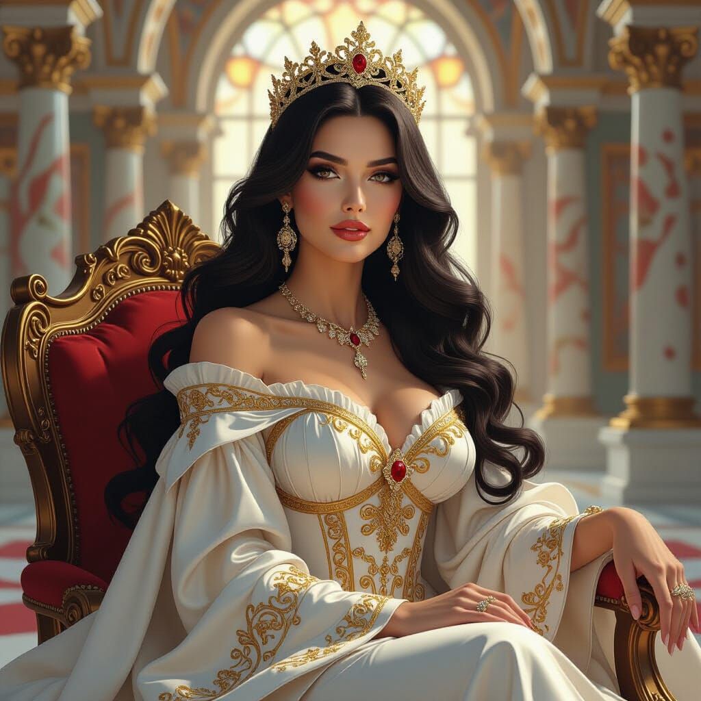 Renaissance Lady in Ornate Hall, Alphonse Mucha Style