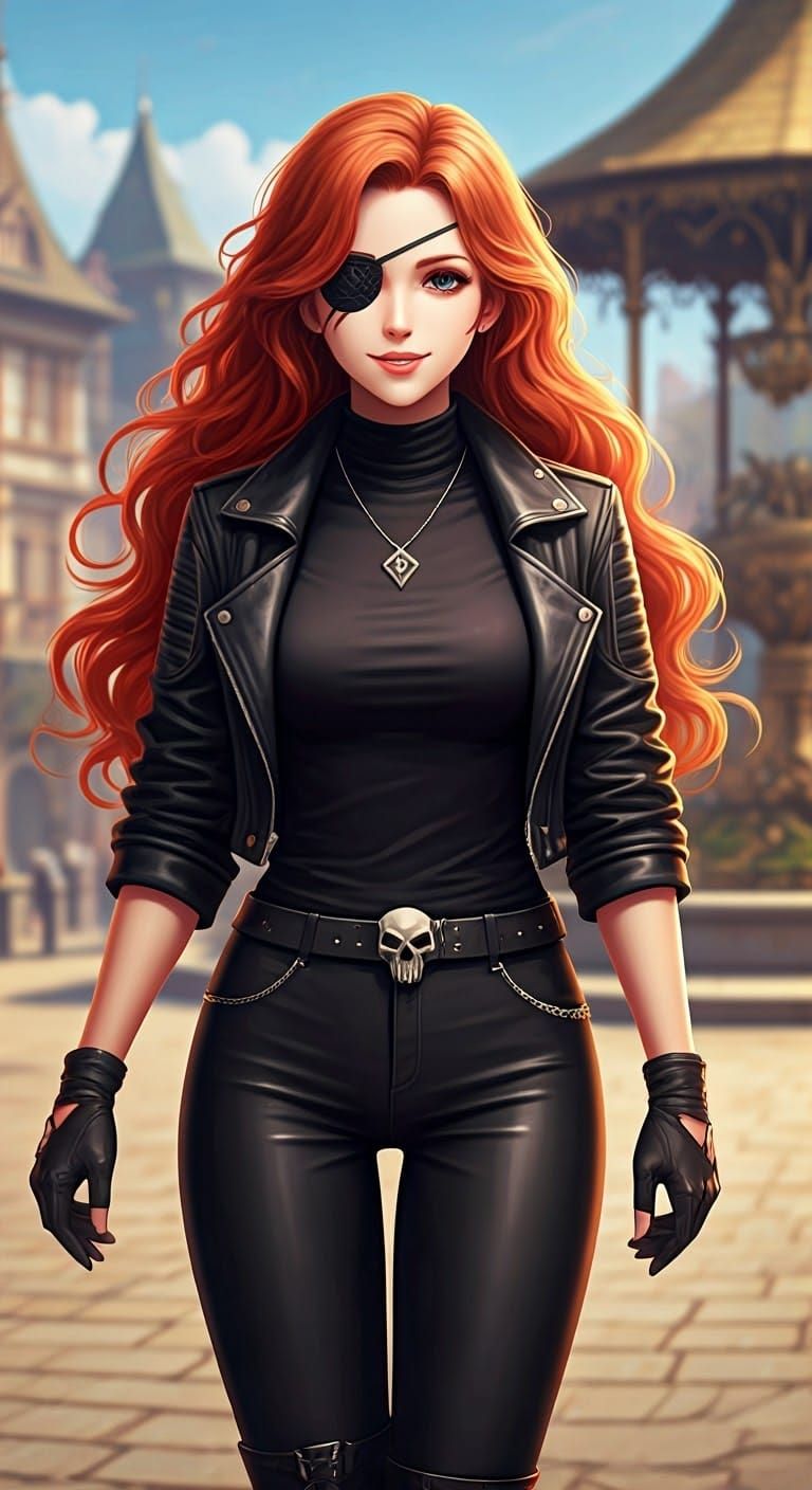 Anime-Inspired Woman with Red Hair and Eye Patch in a Detail...