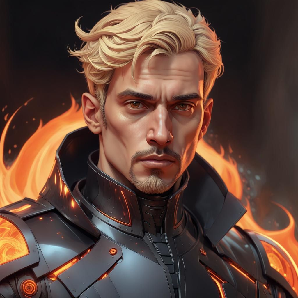 Hispanic Man in Futuristic Armor with Flames