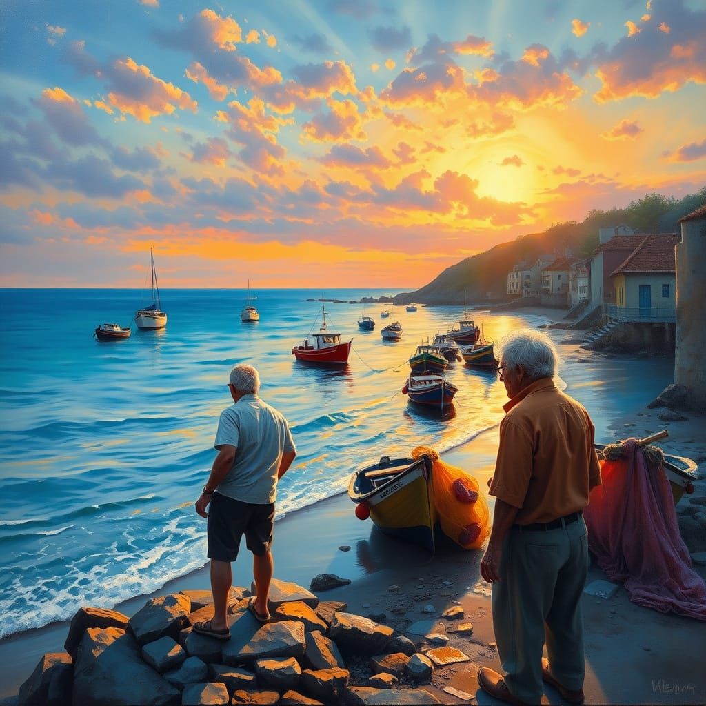 Fishing Village at Dawn: Realistic Oil Painting
