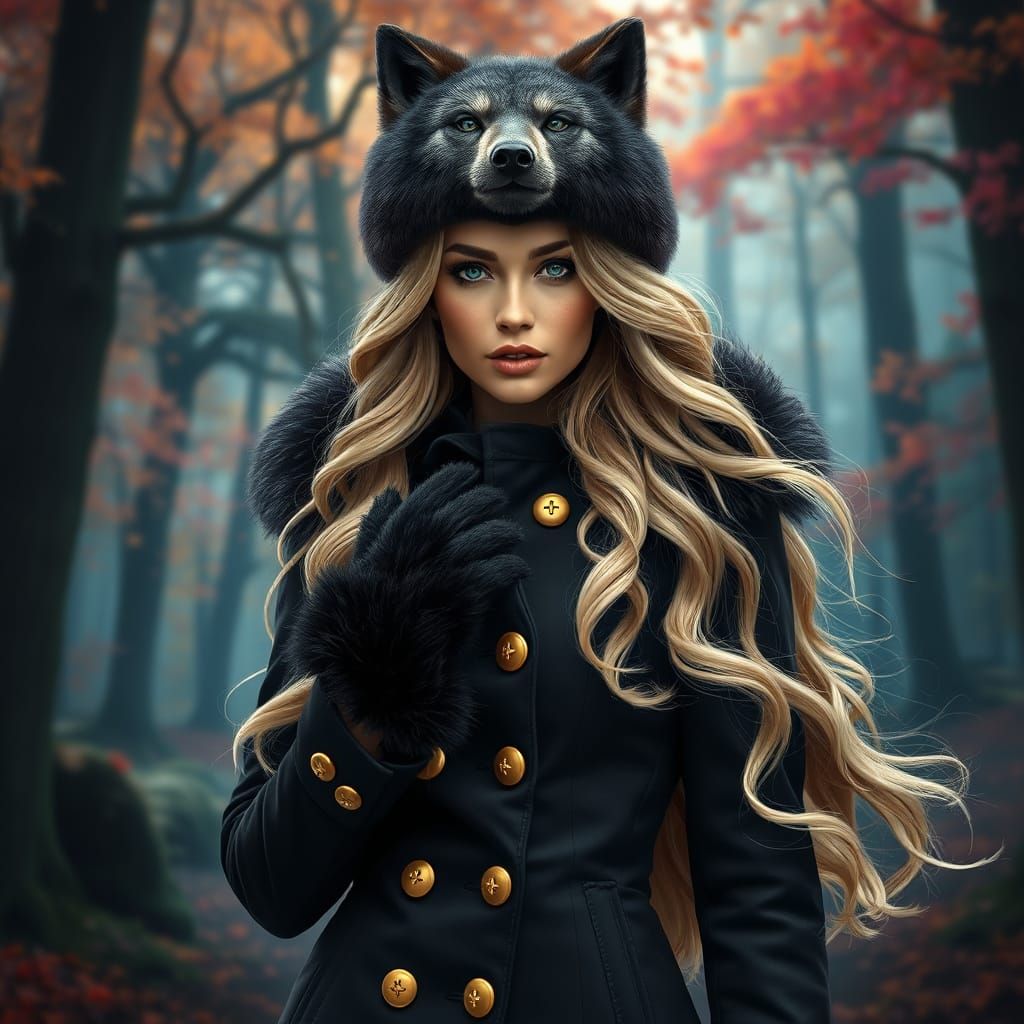 Woman in Wolf Coat in Fantasy Forest, Digital Art
