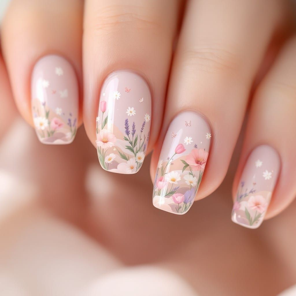Hyperrealistic Nail Art with Delicate Floral Landscapes