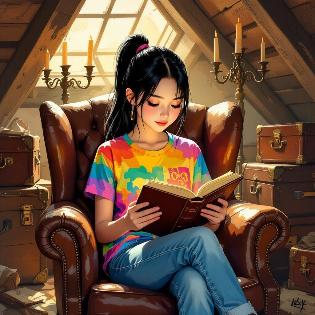Cozy Attic Scene: Vietnamese Girl Reading