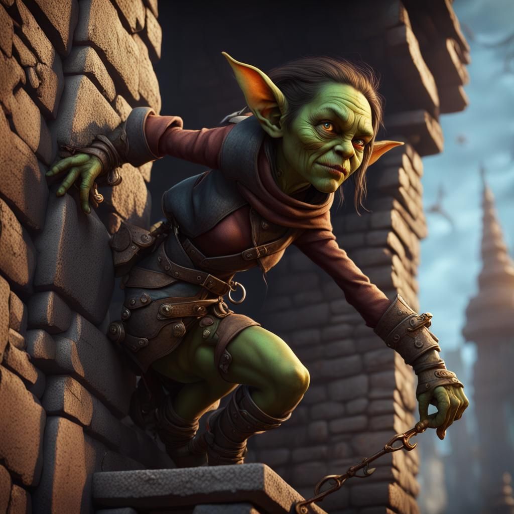 Goblin Girl Thief Climbing Wall: Fantasy Art