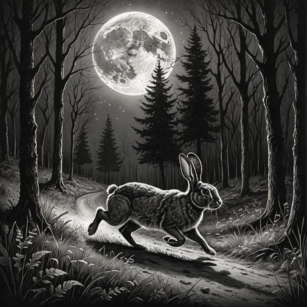 Rabbit in Moonlit Forest, Gothic Pencil Sketch