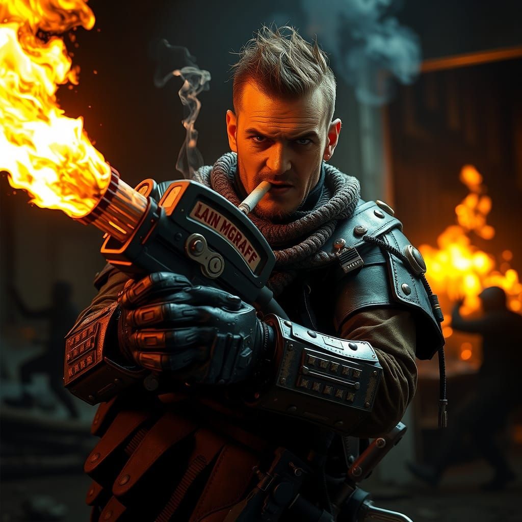 Armored Arsonist Wields Flamethrower in Burning Zombie Nest