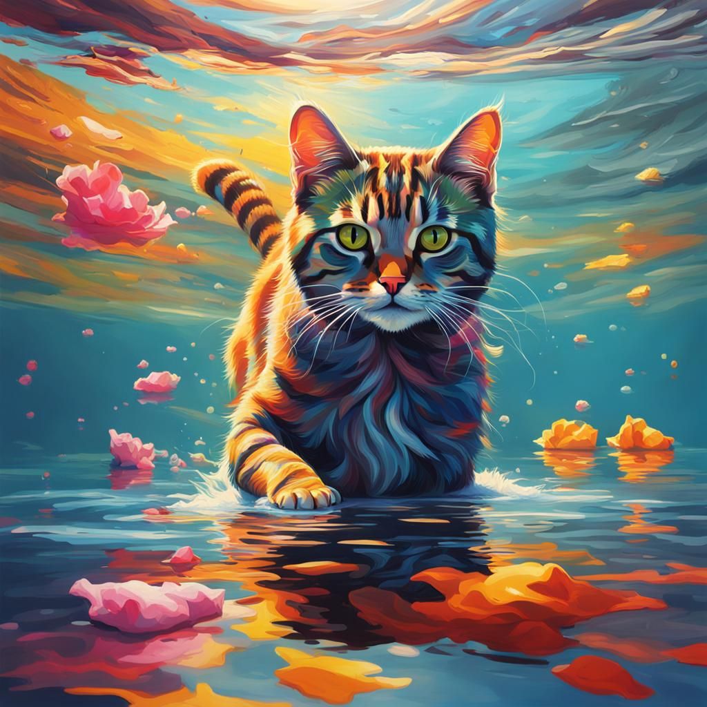 Cat Walks on Water in Splash Art Style