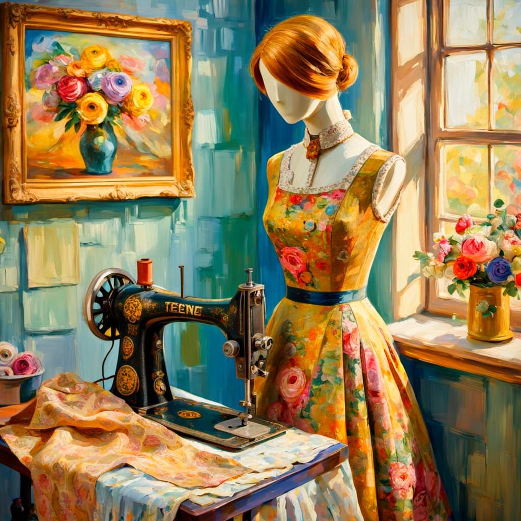Victorian Sewing Room in Impasto Style