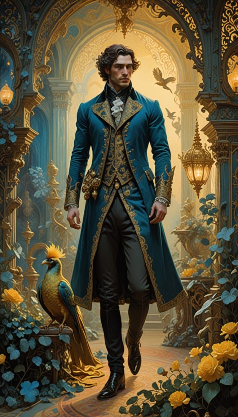 Elegant Gentleman with Golden Bird in Luxurious Rococo Setti...