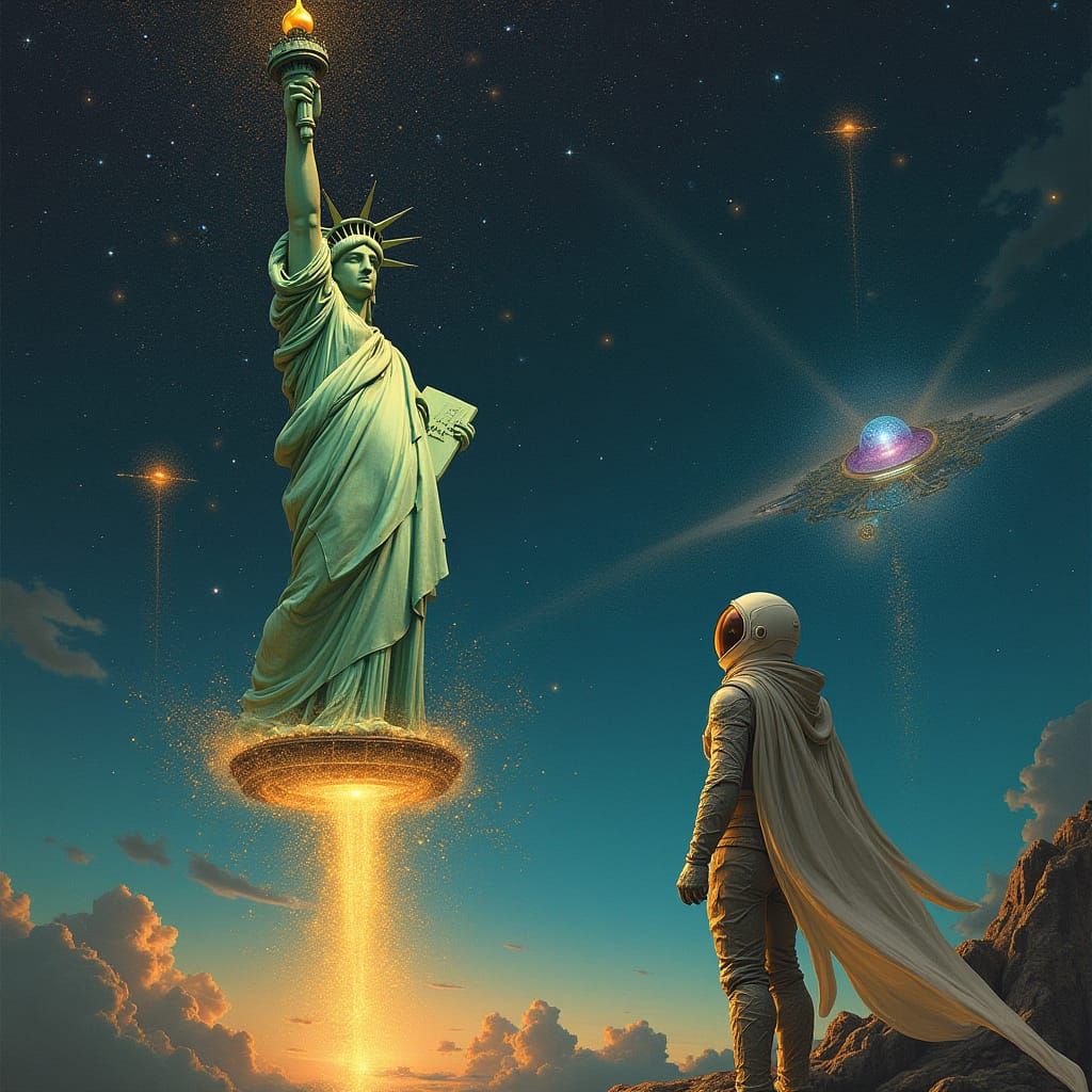 Majestic Statue of Liberty in the Milky Way, with Aliens and...