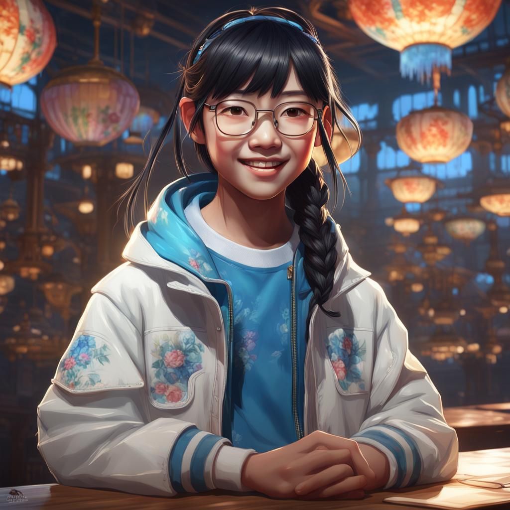 Portrait of Chinese Girl with Blue Glasses