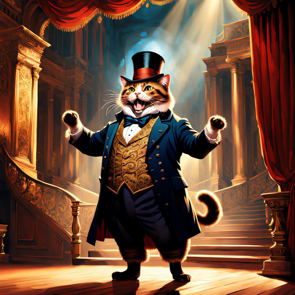 Fat cat singing opera on the theatre stage.