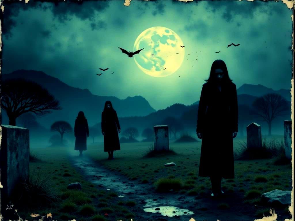 Scary Ghouls in Moonlit Cemetery with Swirling Bats