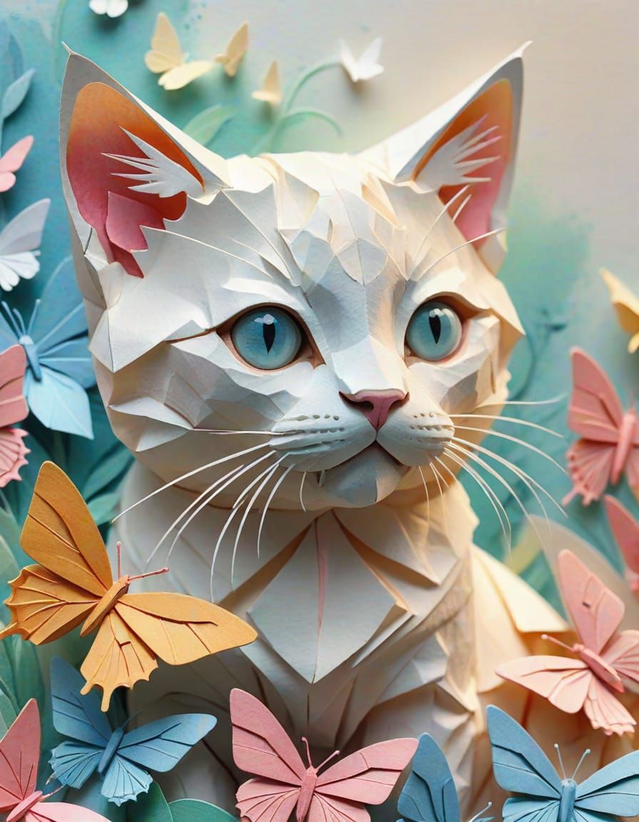 Origami Kitten Admires Butterfly on Nose