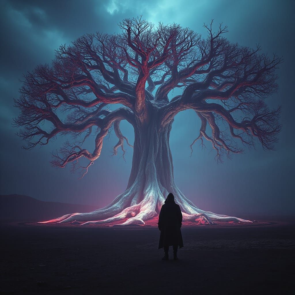 Bioluminescent Tree in Alien Landscape, Surreal Digital Art
