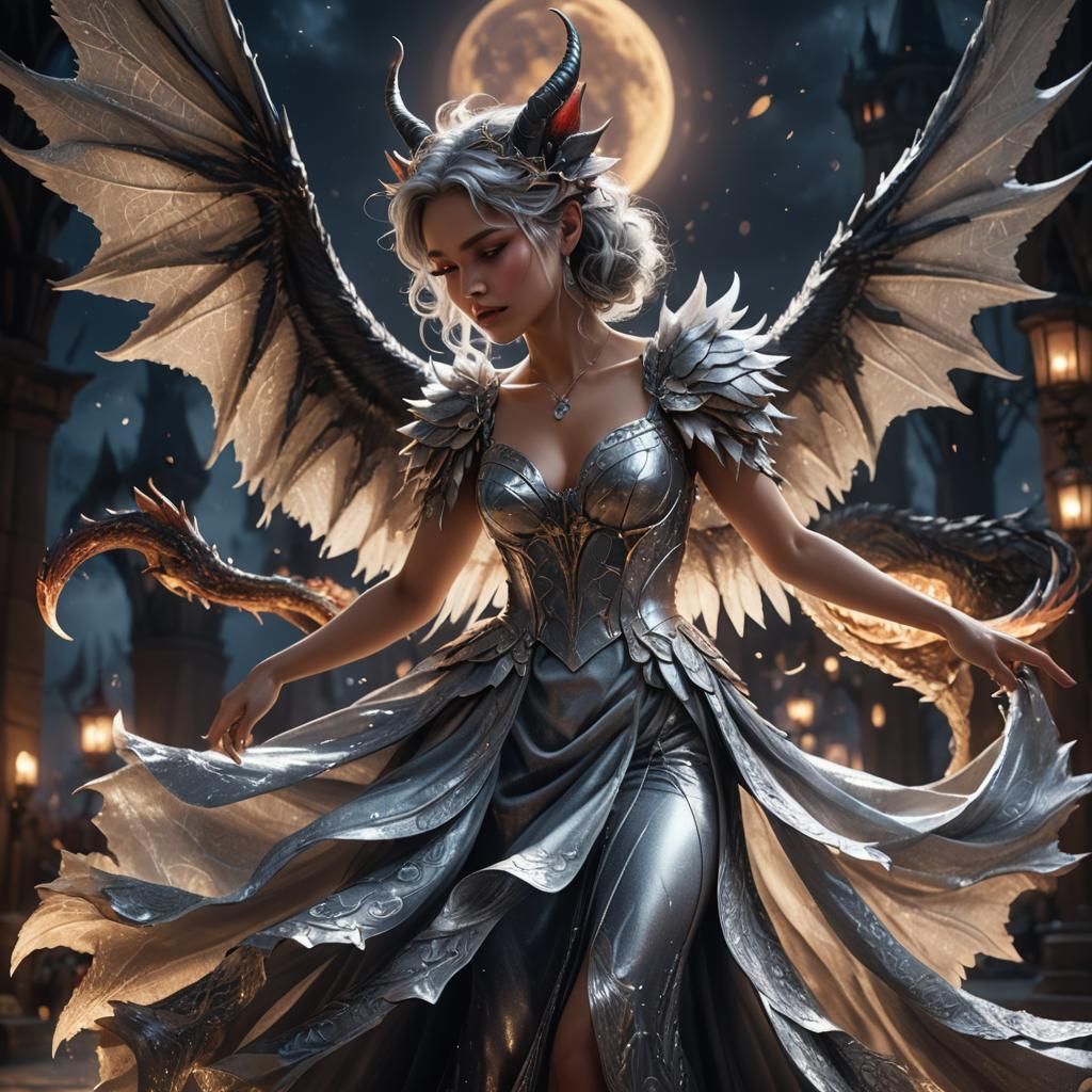 Fantasy Girl Dancing at Night with Dragon and Wolf Features