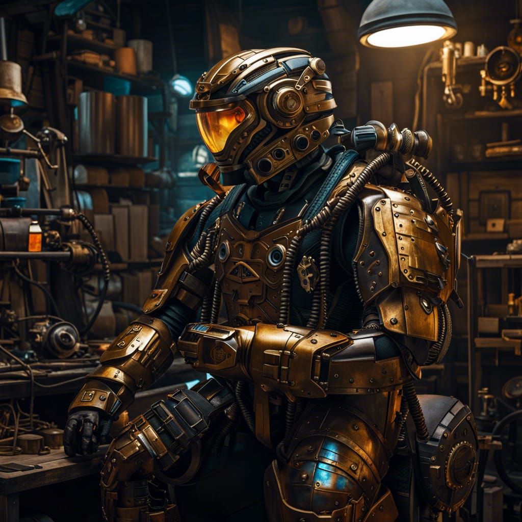 Golden Tattooed Robot Portrait in Coolpunk Style