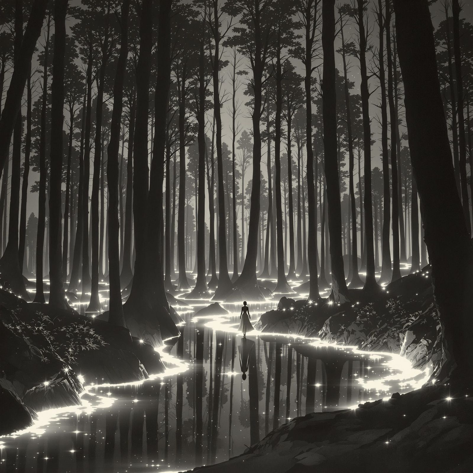 Surreal Silent Movie Scene with Dreamlike Forest
