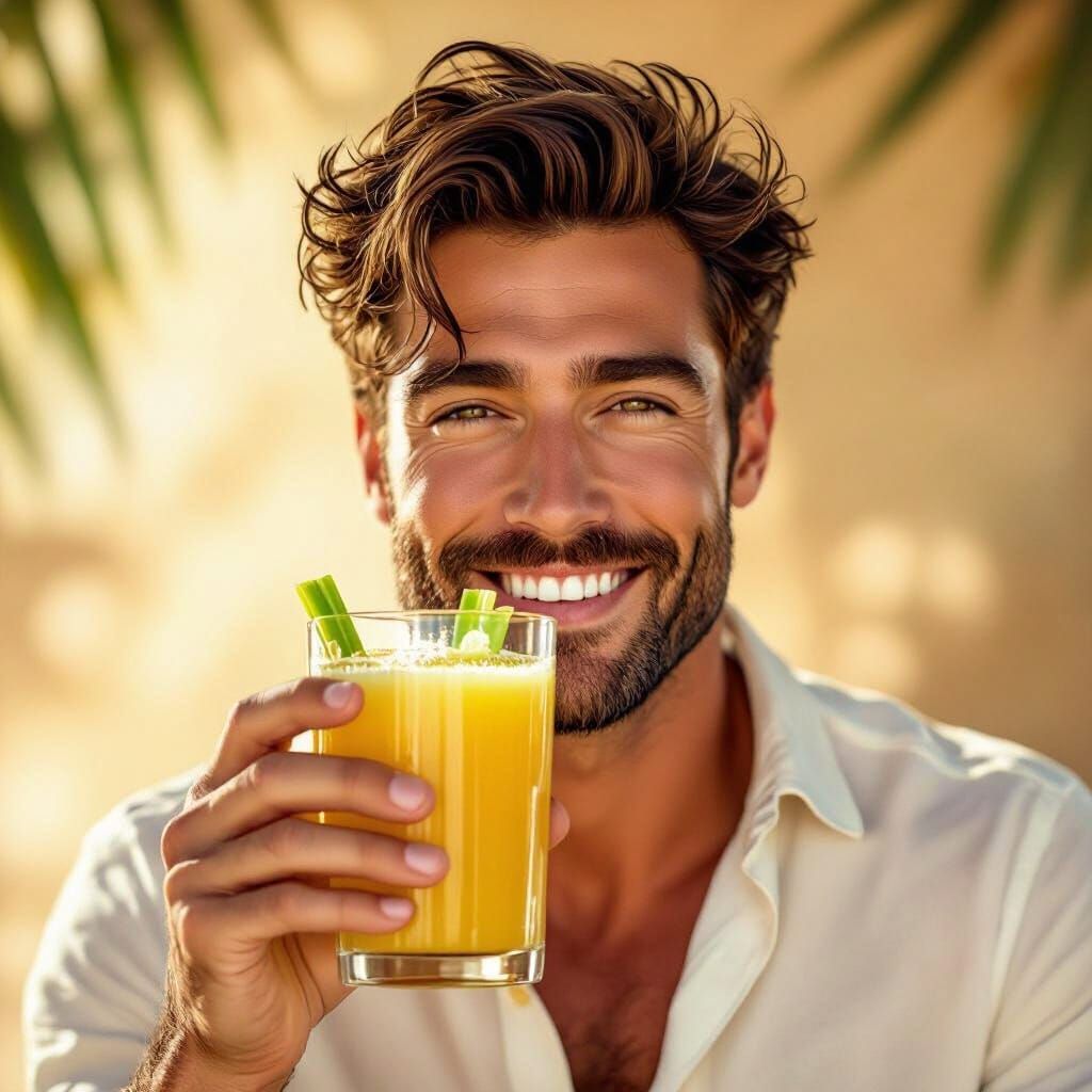 Healthy Man Promotes Celery and Pineapple Juice