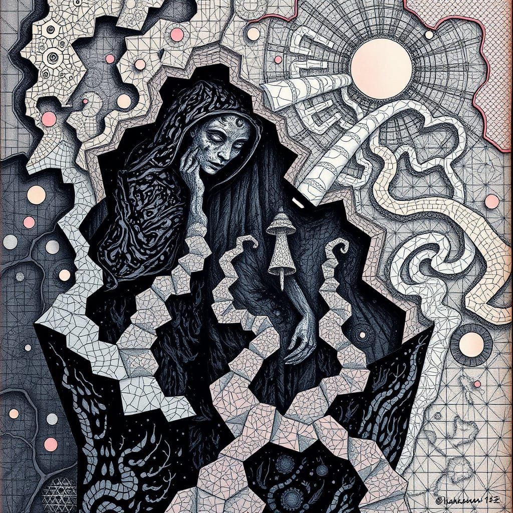 Dreamlike Figure in Tessellated Labyrinth, Impasto Art