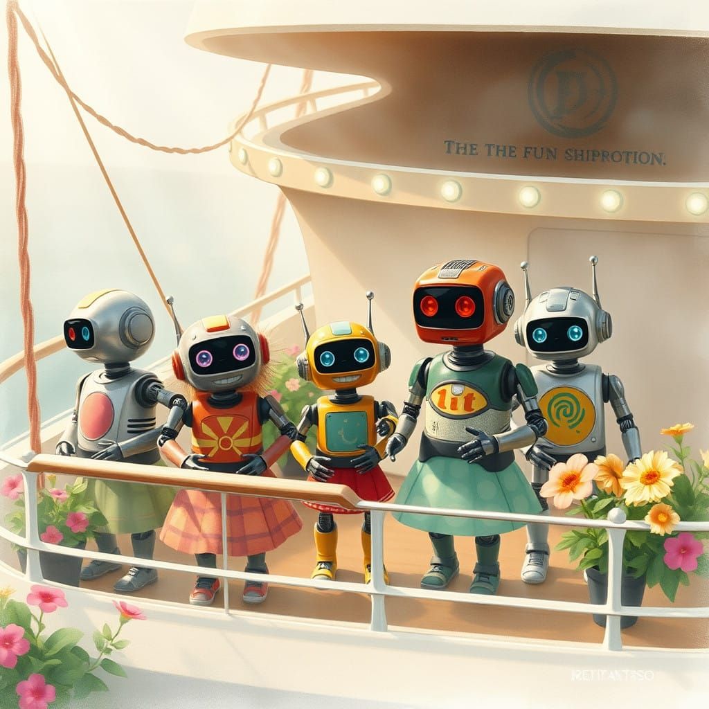 Whimsical Robot Family on a Dreamy Carnival Cruise