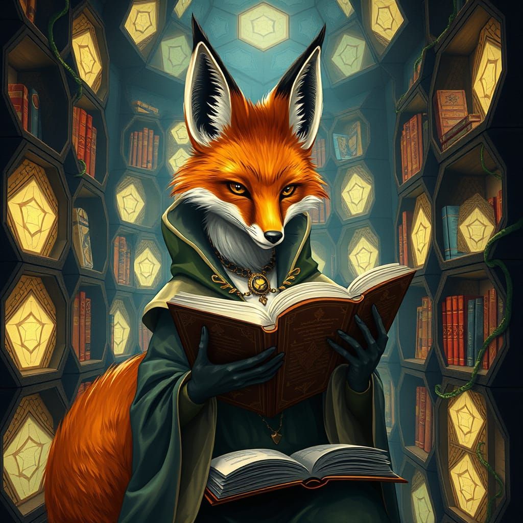 Fox Priestess Reads Ancient Tome in Hexagonal Library