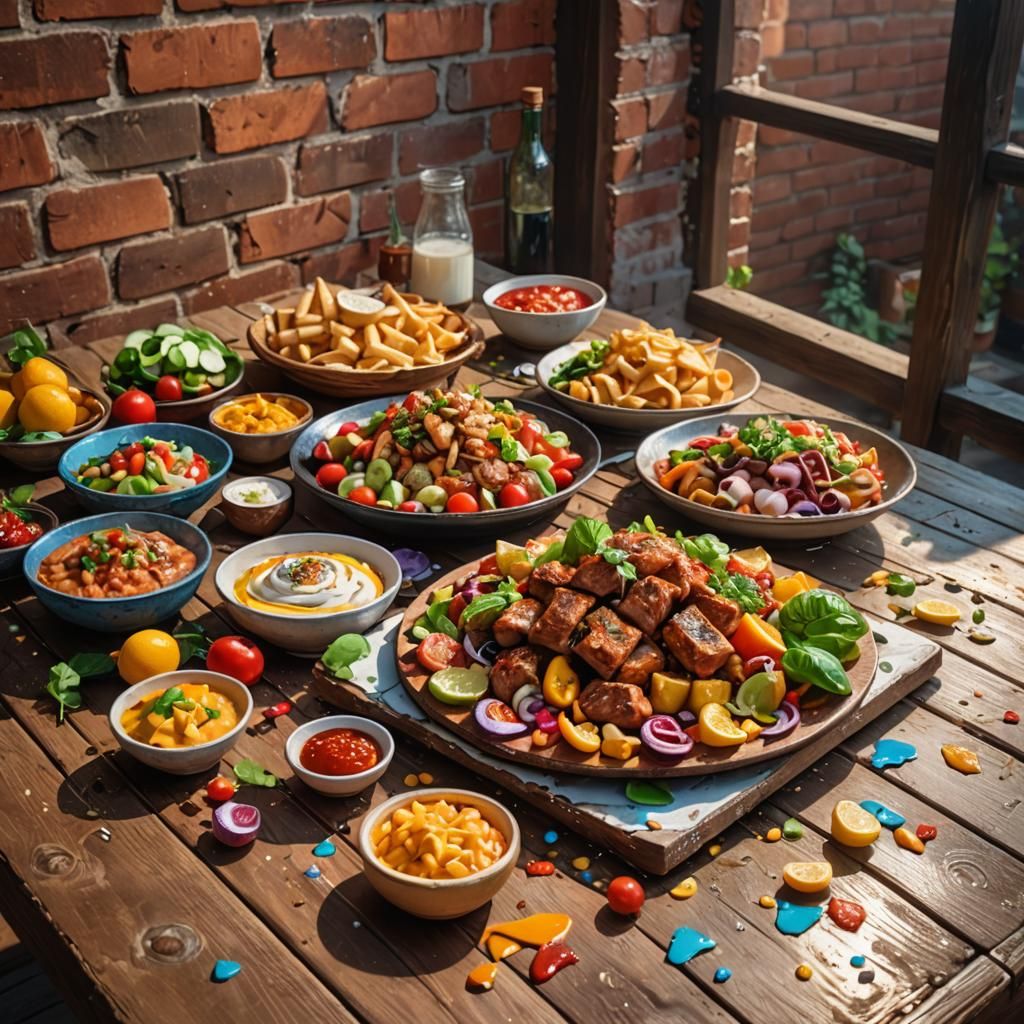 Hyperrealistic Food Still Life on Brick Veranda