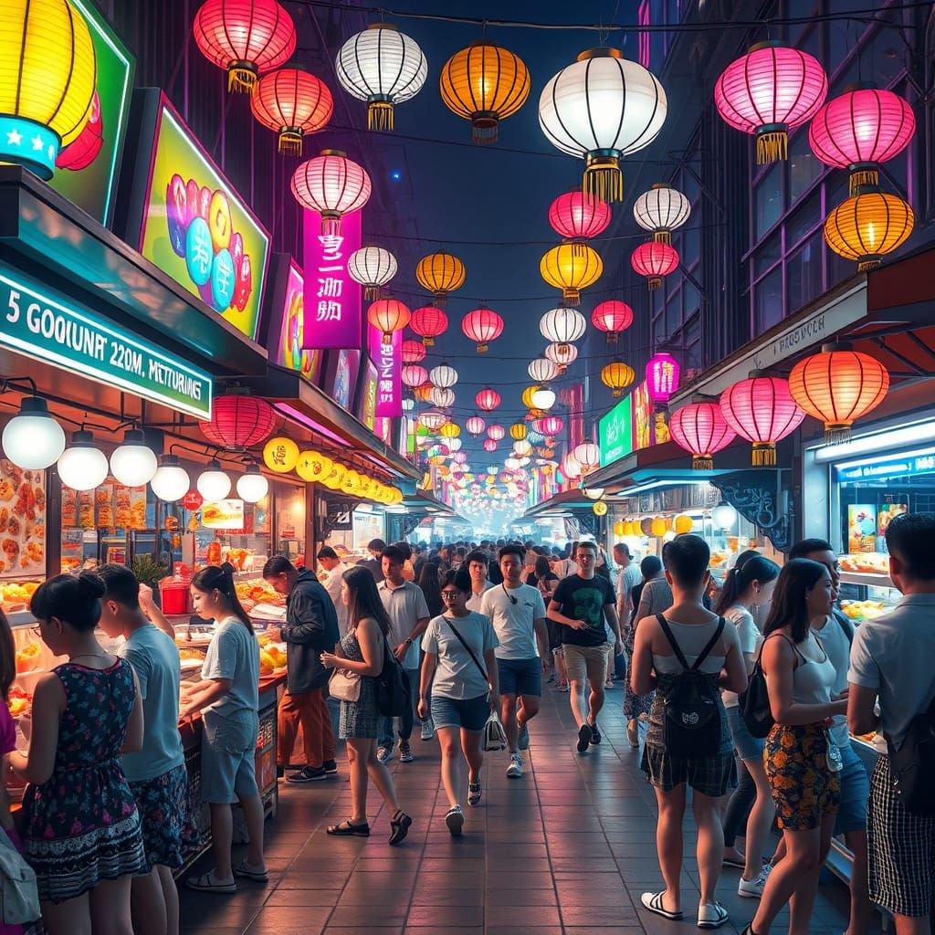 Neon Street Food Market Scene in 3D Anime Style