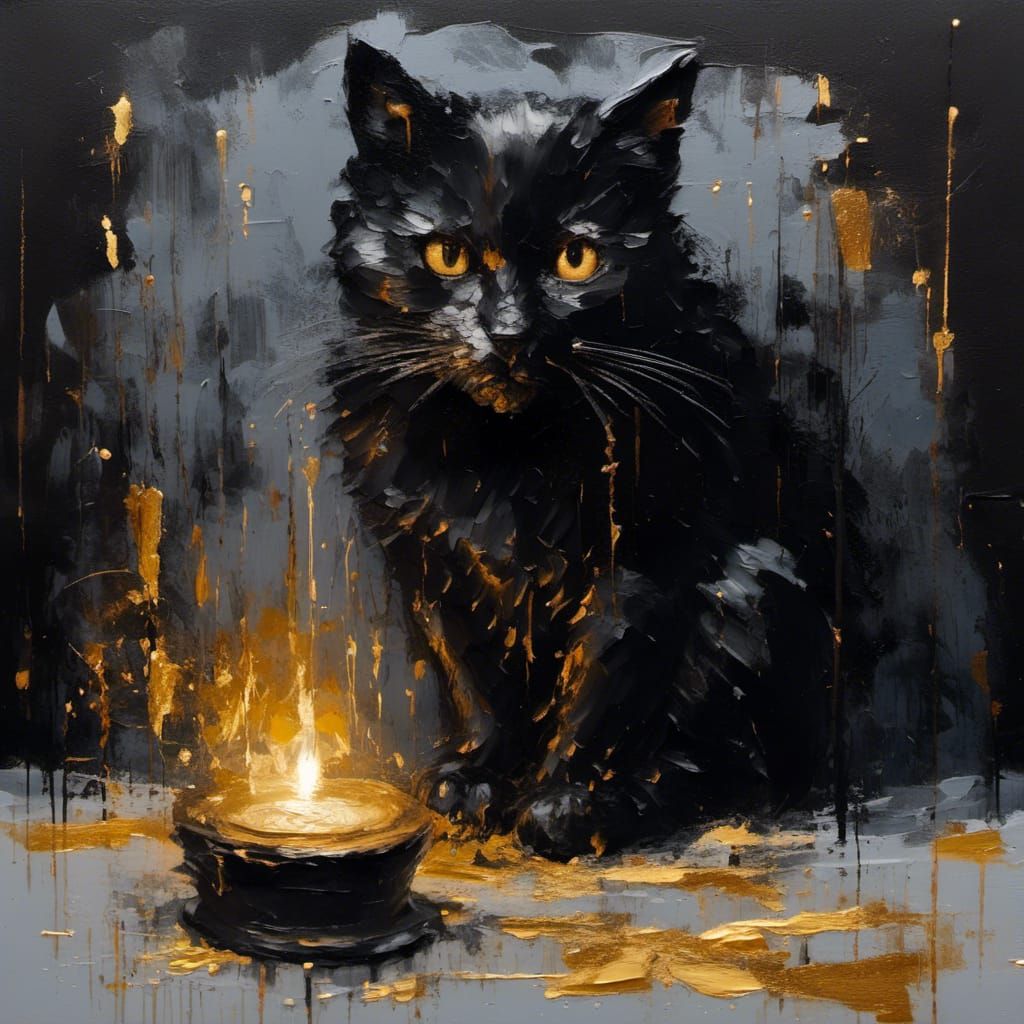 Black Cat Painting with Golden Highlights and Grunge Style