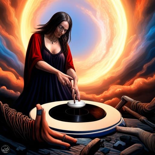 Wicca Woman DJing at Sabbat, Ultrarealistic Combination Art
