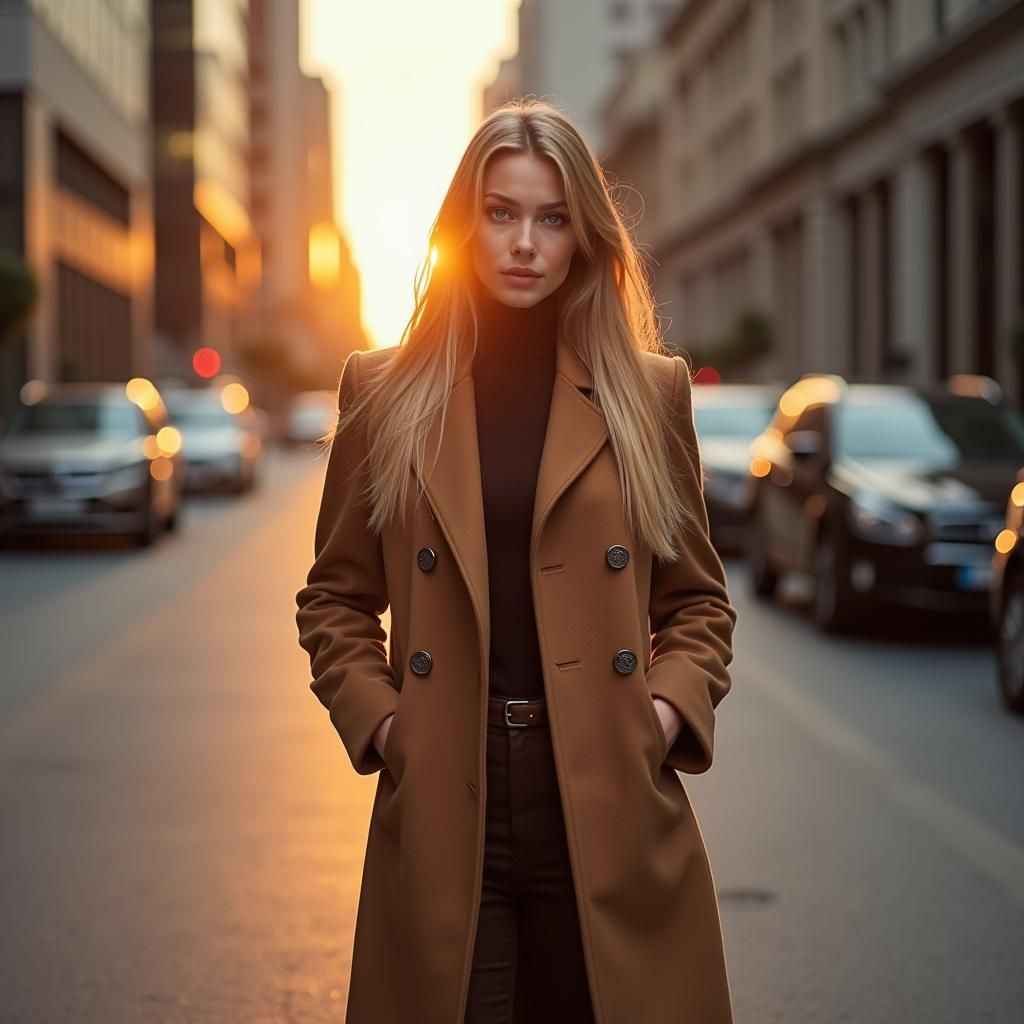 Elegant Woman in Cityscape at Sunset: Photorealistic Portrai...