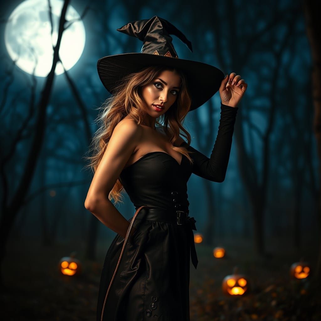 Seductive Witch in Haunted Forest Photo