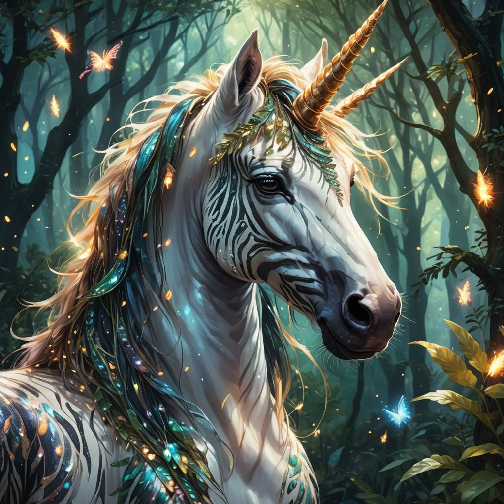 Unicorn Zebra Portrait in Glowing Forest, Digital Art