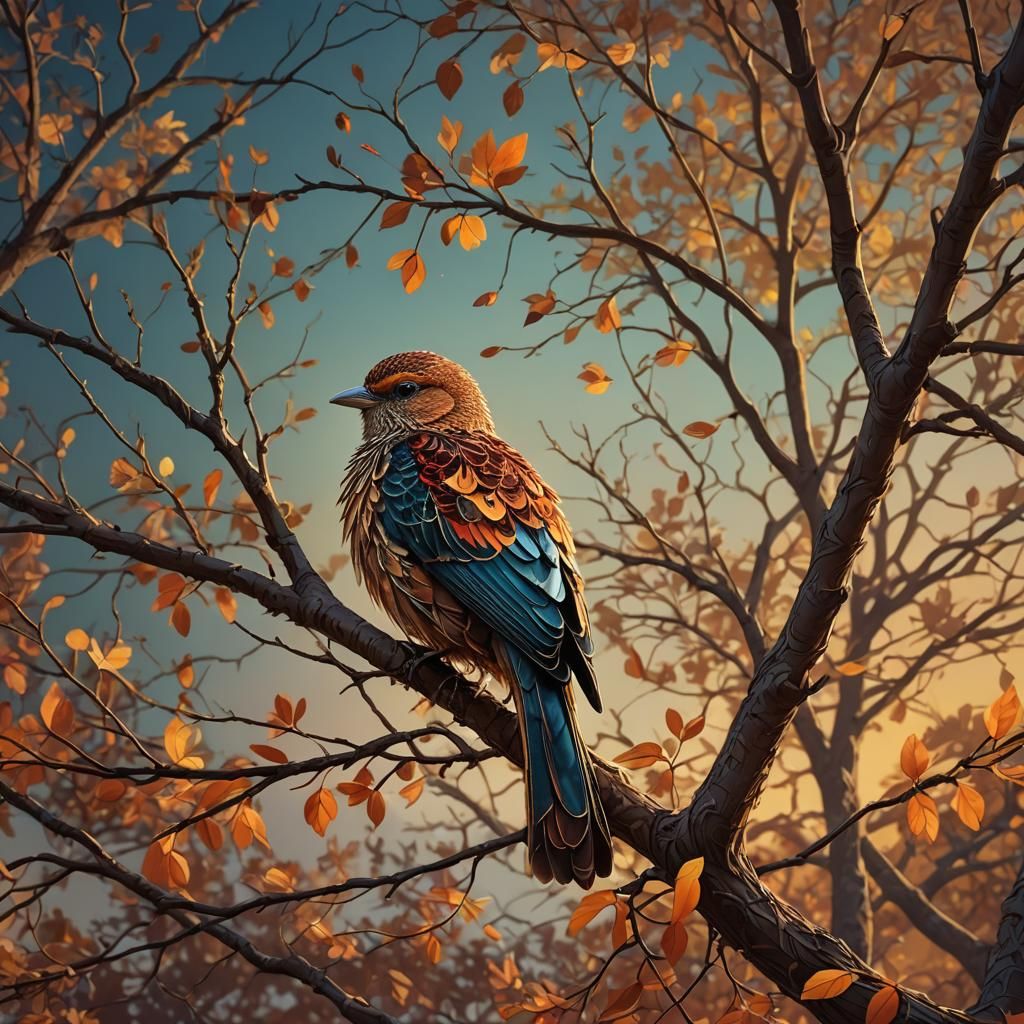Autumn Tree and Bird: Cinematic Digital Art