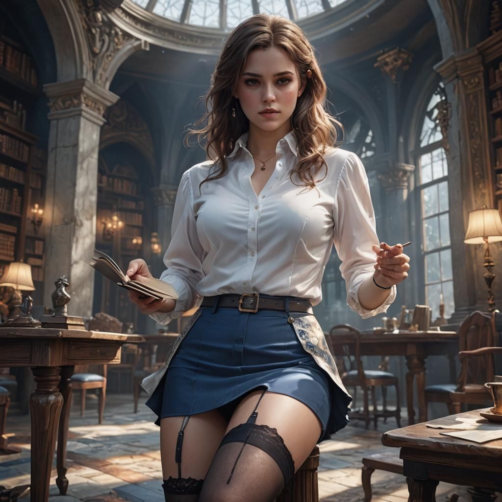 Woman Reading at Table in Fantasy Art Style