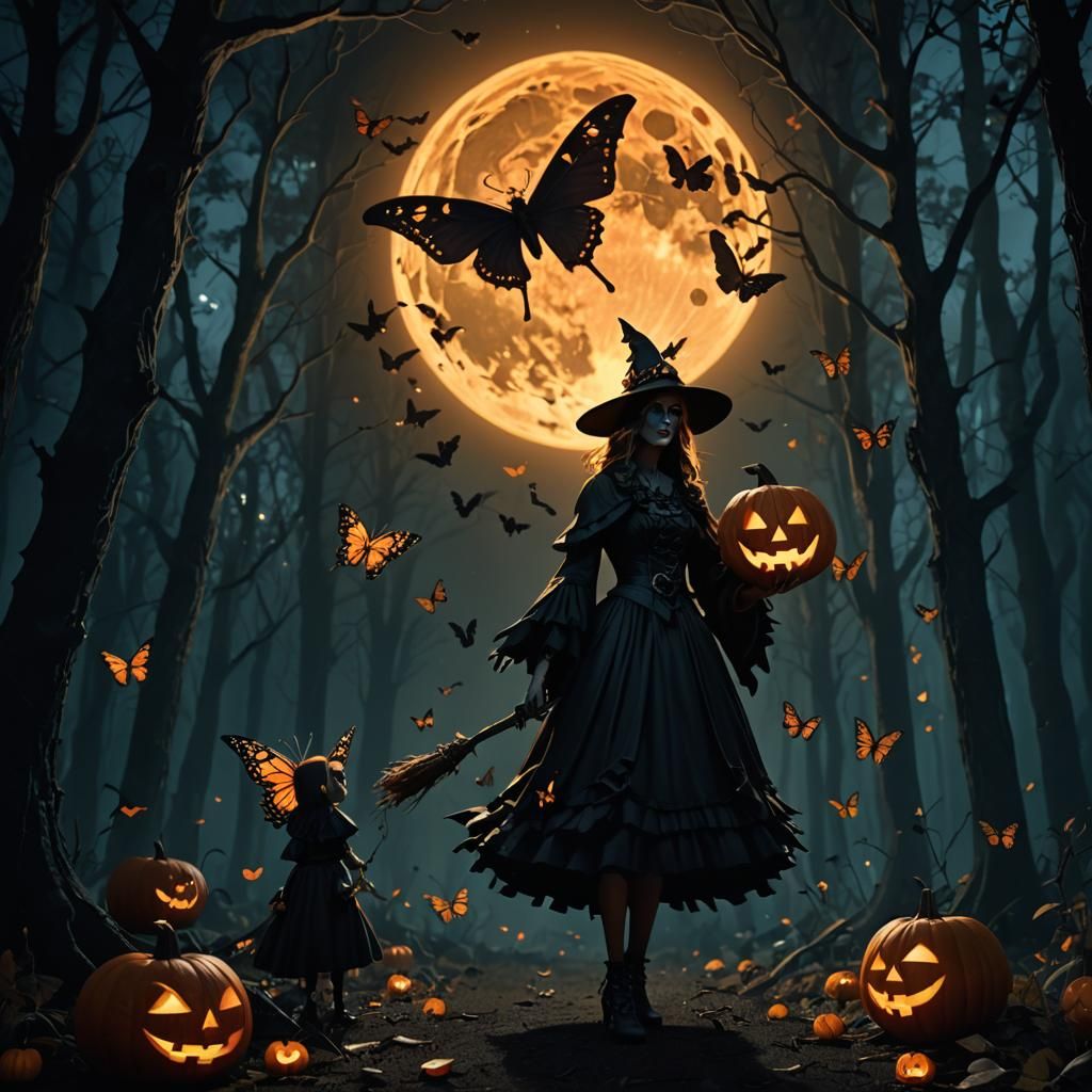Cinematic Butterfly Witch in Forest with Jack-o'-Lantern