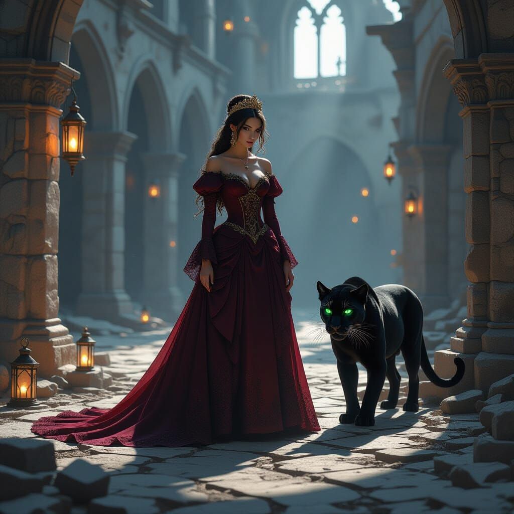 Shadowy Princess and Panther in Ruined Courtyard
