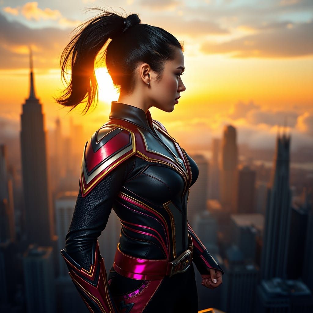 Filipina Superheroine Surveys Cityscape at Sunset