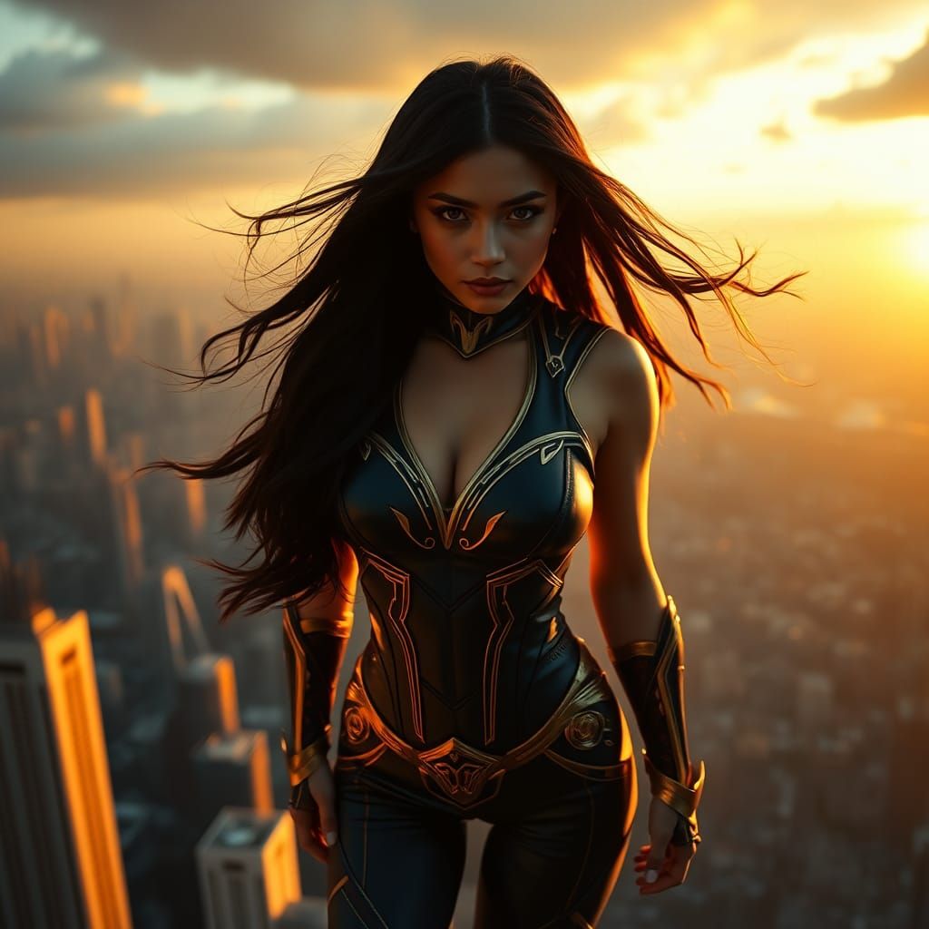 Filipina Superheroine Gazing Over Metropolis in Cinematic St...