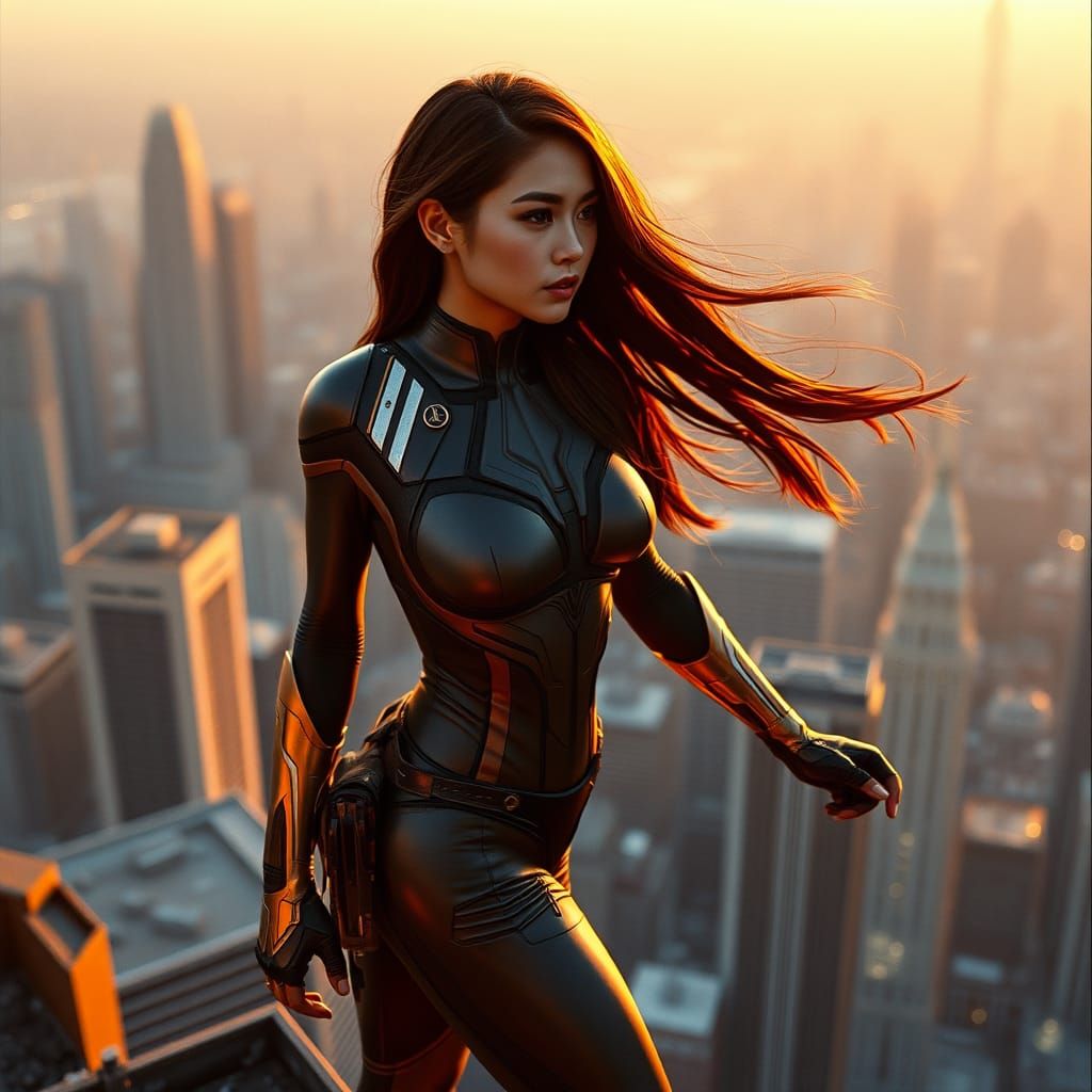 Filipina Superheroine Overlooking Futuristic Cityscape