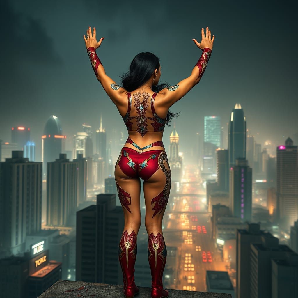 Filipina Superheroine Surveys Metropolis in Cinematic Style
