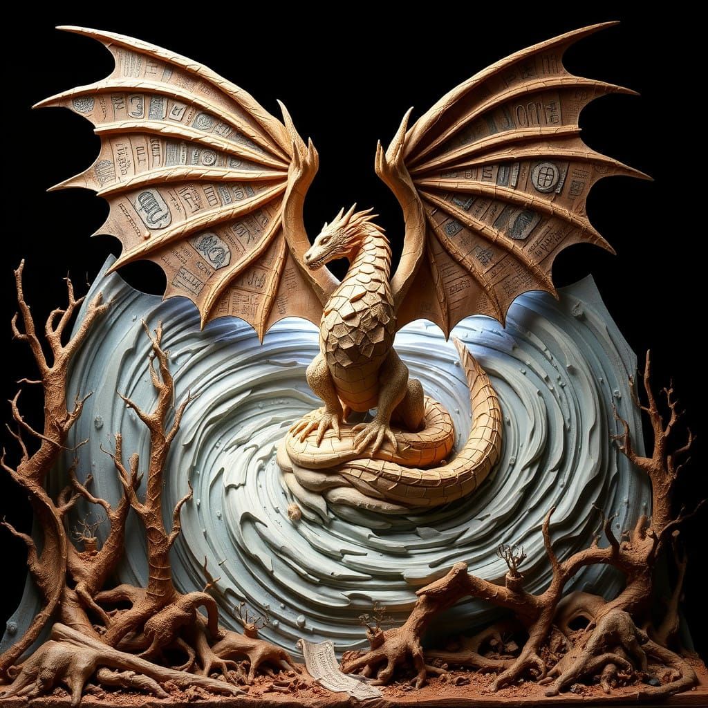 Dreamlike Clay Sculpture with Mystical Forest and Swirling V...