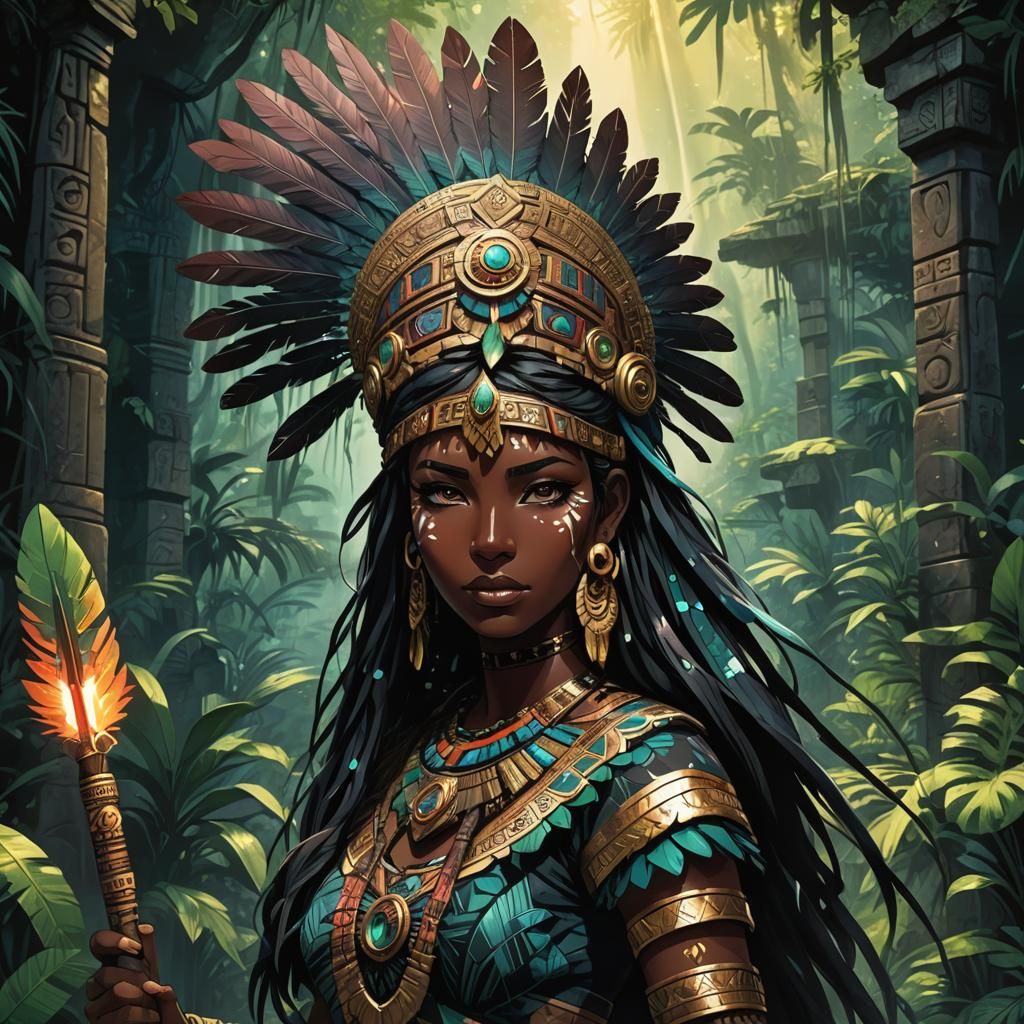 Aztec Woman in Mystical Jungle, Anime Manga Style