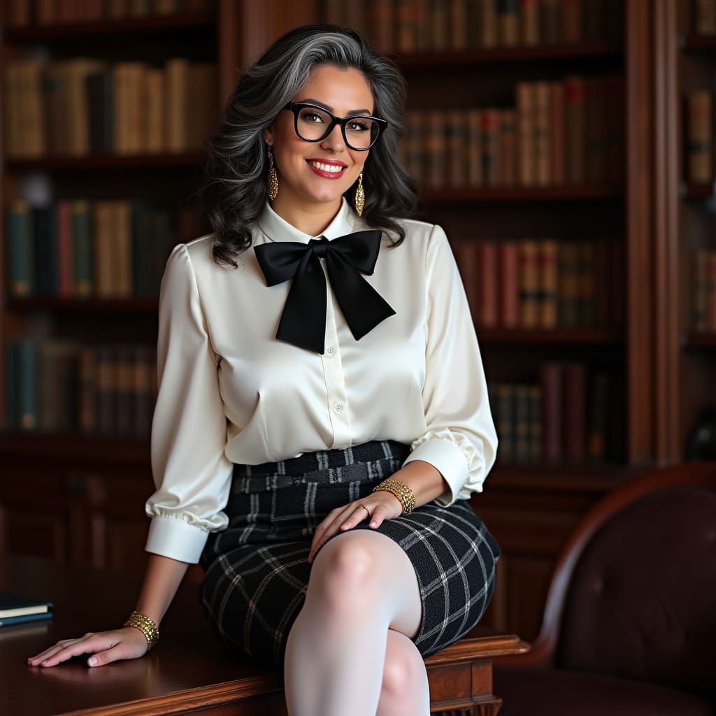 Confident Spanish Woman in Study with Leather-Bound Books